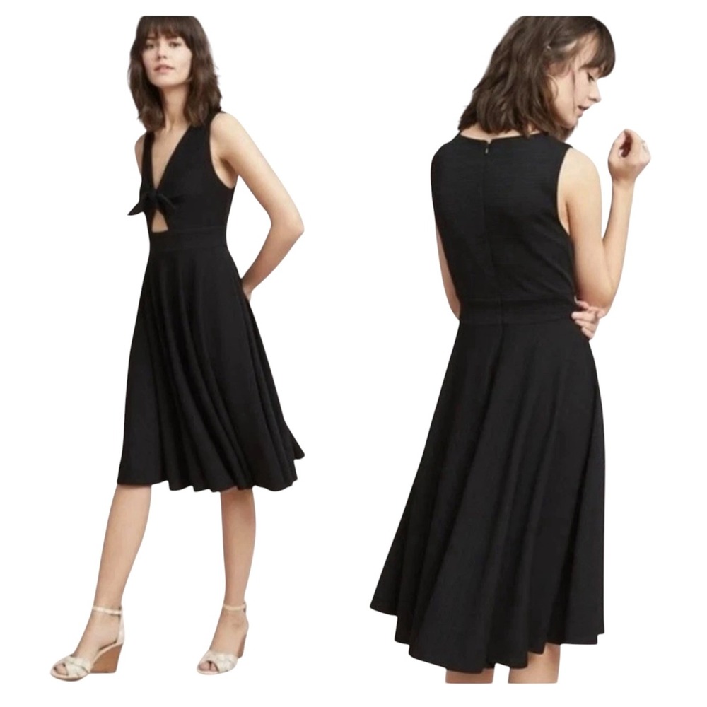 Anthropologie Hutch Dress Womens SP Black Fit Flare V-Neck Tie Front Cutout LBD